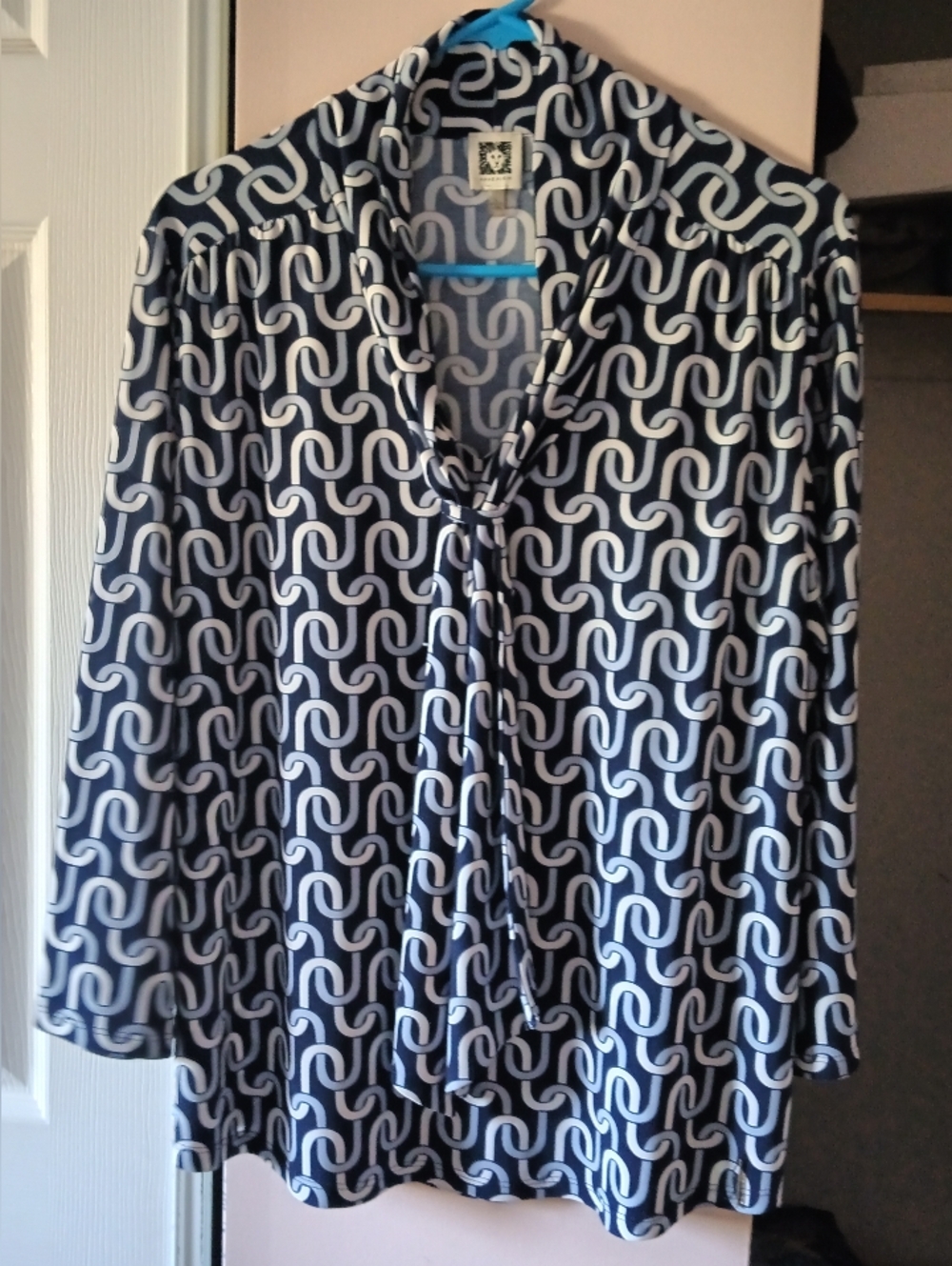Anne Klein Navy and White Geometric Blouse